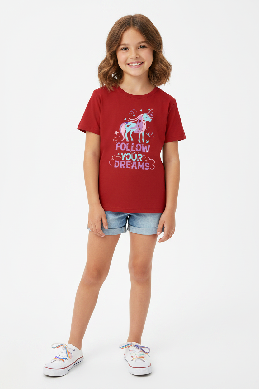Follow Your Dreams Unicorn Kids Half Sleeve Cotton T-Shirt | Cute Girls Graphic Tee