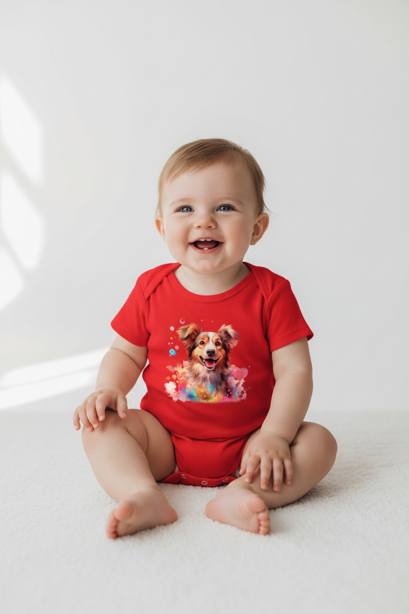 Cute Watercolor Dog Baby Onesie | Soft Cotton Baby Bodysuit | Puppy Print Romper