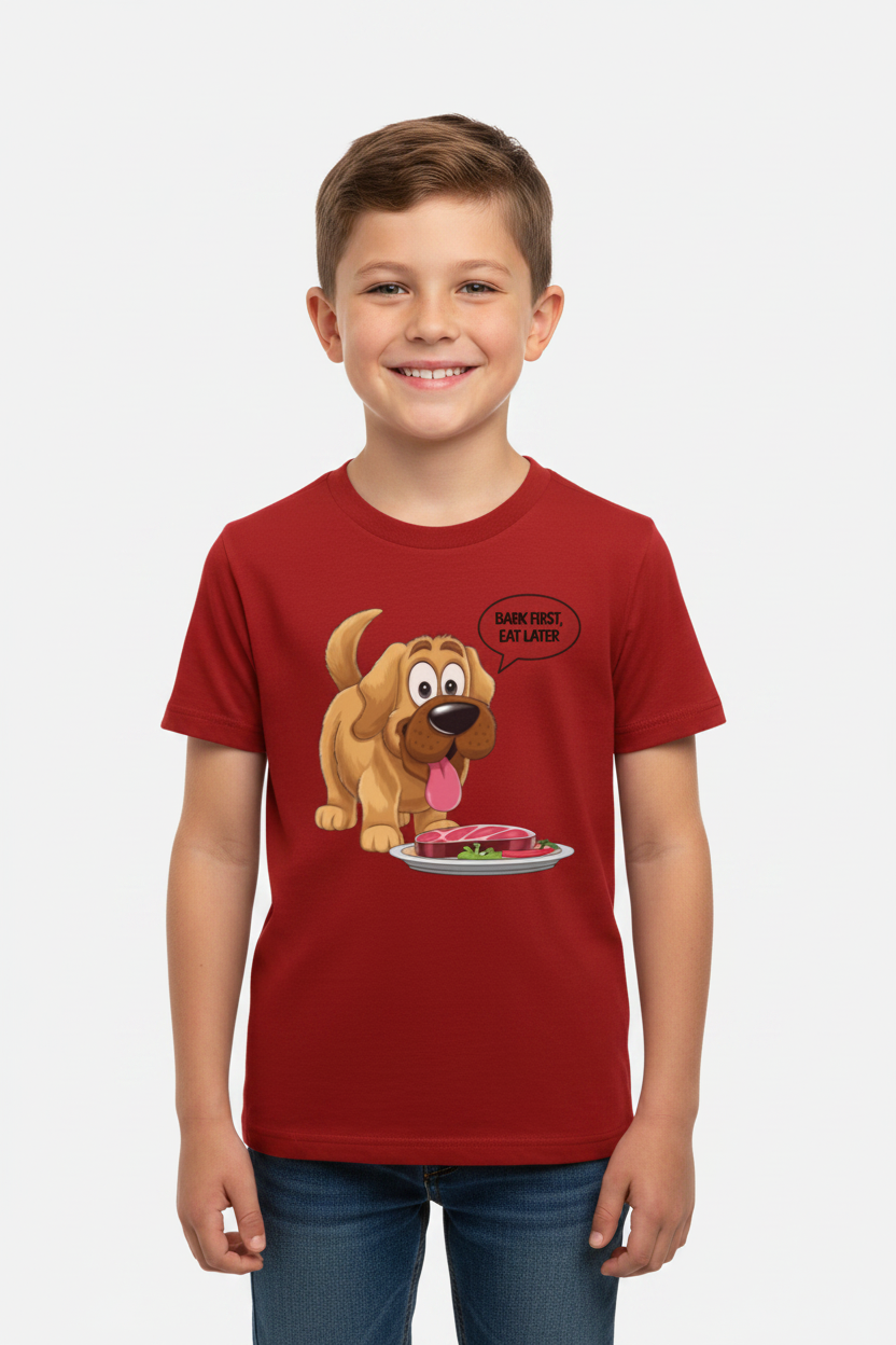 Funny Dog Grafic Printed Kids T-Shirt| Bark First Eat Later| Premium Crew Neck Tee|