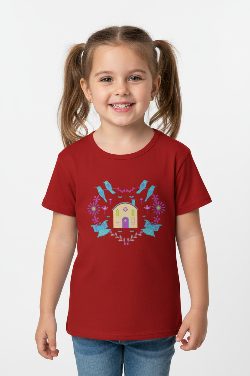 Cute Bird & Floral House Graphic Kids T-Shirt | Soft Cotton Girls Tee