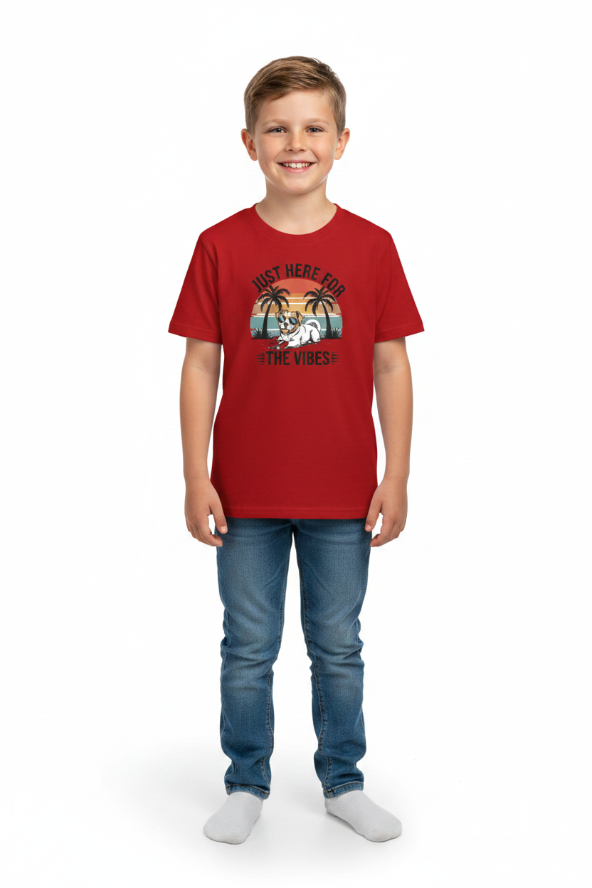 Boys Just Here For The Vibes Dog Graphic Printed Cotton T-Shirt | Premium Soft Crew Neck Tee