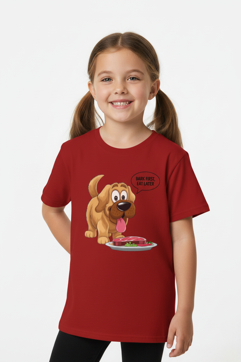 Bark First, Eat Later Kids Graphic T-Shirt | Cute Funny Dog Print | Half Sleeve Cotton Tee