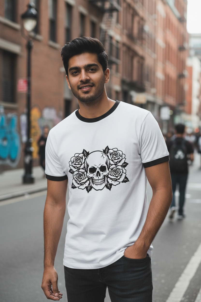 Skull & Roses Graphic Ringer T-Shirt | Gothic Streetwear Cotton Tee for Men & Women
