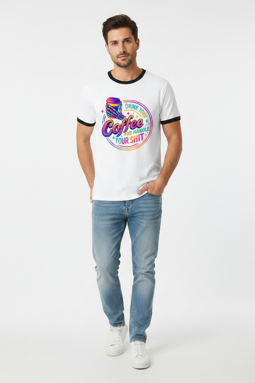 Coffee and Handle Your Shit Graphic Printed Unisex Ringer T-Shirt | Premium Cotton Funny Coffee Tee