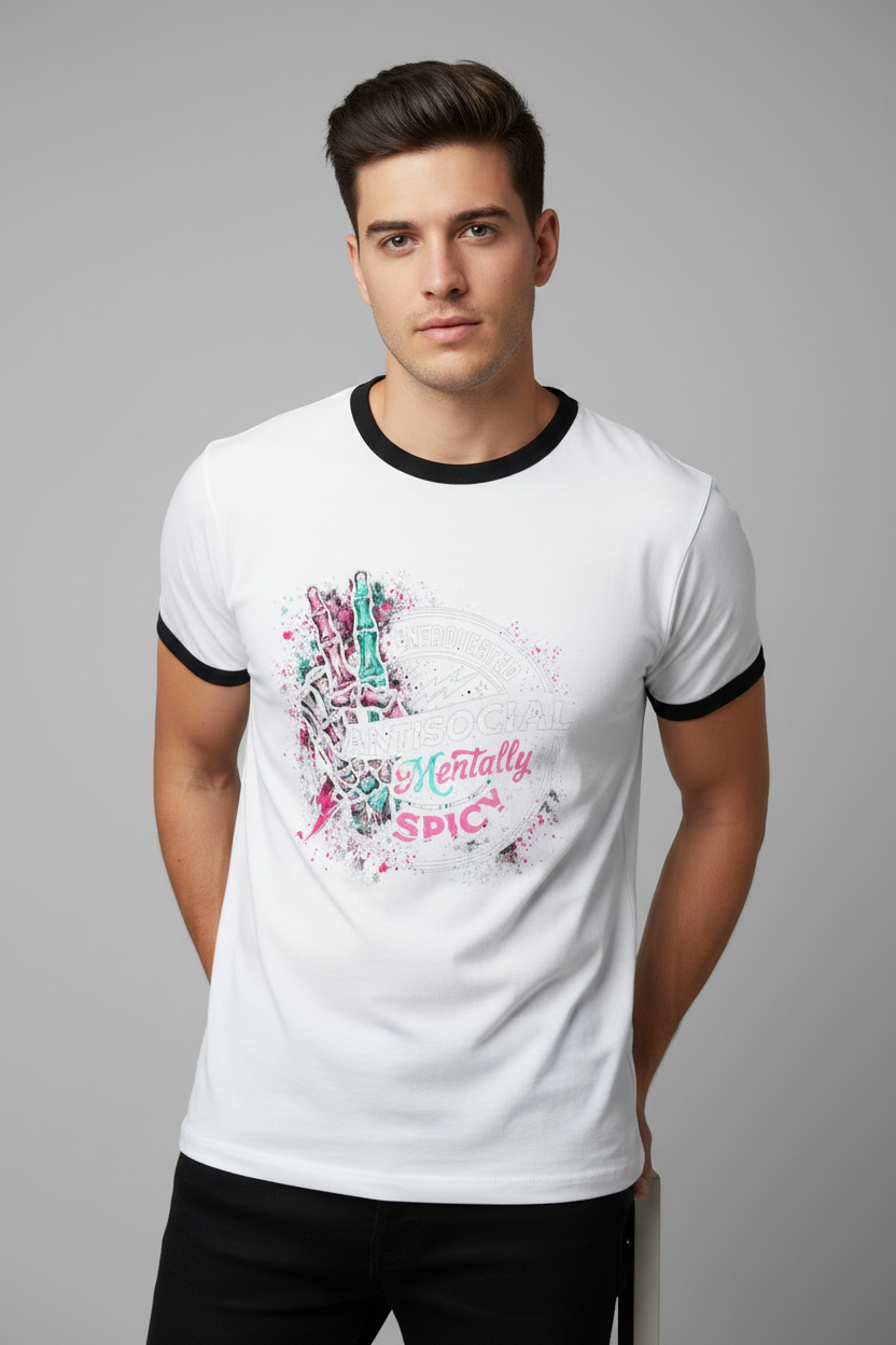 Anti Social Mentally Spicy Graphic Ringer T-Shirt for Men | Premium Cotton | 180 GSM | Made in India