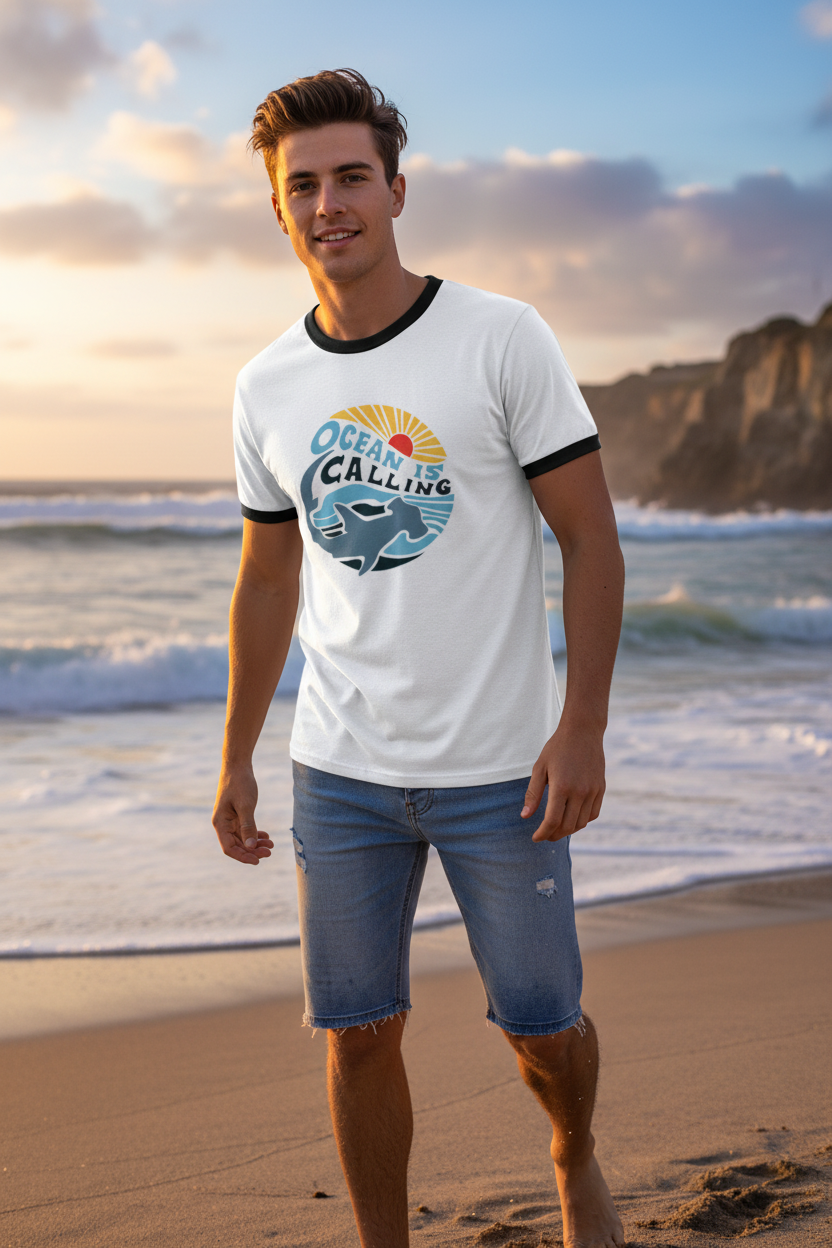 Ocean Is Calling Graphic Ringer T-Shirt for Men | Premium Cotton Casual Tee