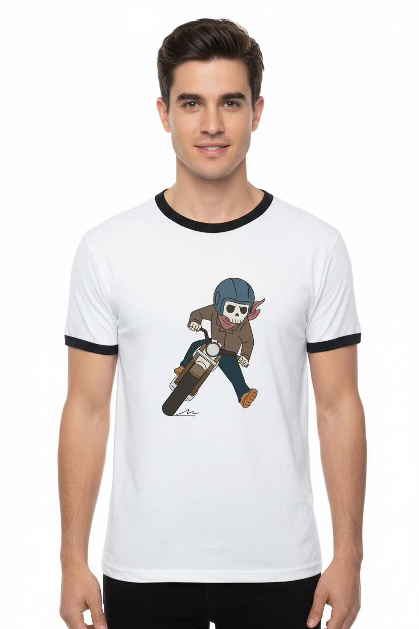 Skeleton Rider T‑Shirt – White Tee with Black Trim