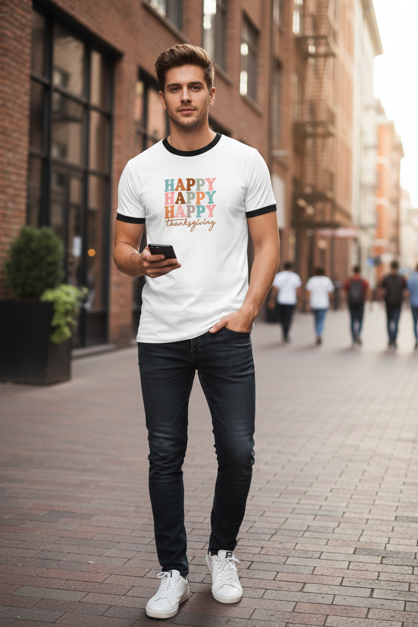 Happy Thanksgiving Graphic Ringer T-Shirt – Premium Cotton Tee
