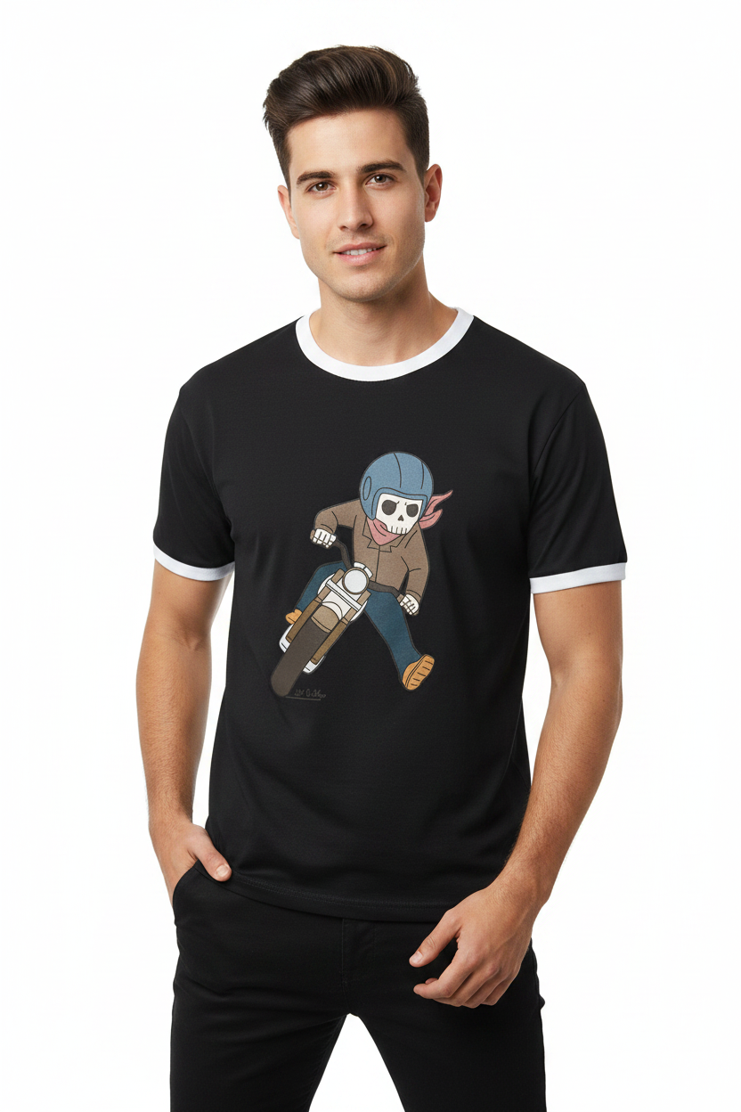 Skeleton Rider T‑Shirt – White Tee with Black Trim
