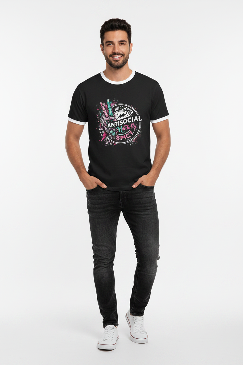 Anti Social Mentally Spicy Graphic Ringer T-Shirt for Men | Premium Cotton | 180 GSM | Made in India