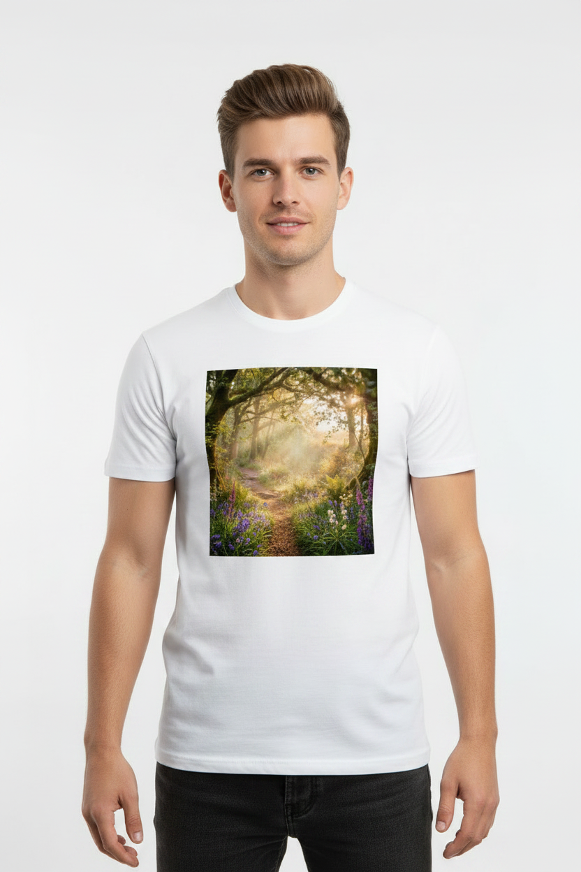 Nature Forest Path Graphic Printed Unisex White T-Shirt | 180 GSM | 100% Cotton | Made in India