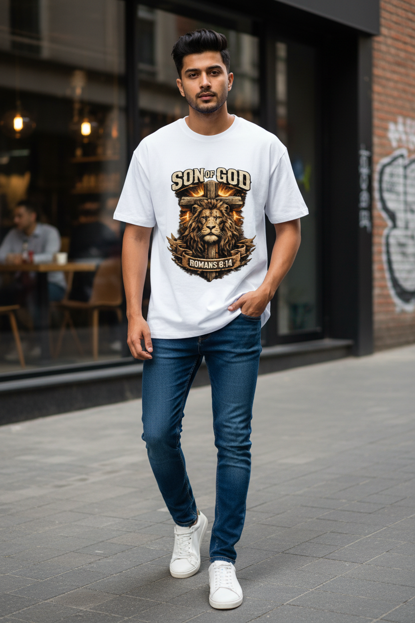 Show your faith with confidence. This premium cotton T-shirt features a bold lion artwork with the inspiring Bible verse Romans 8:14, making it perfect for everyday wear, church events, and gifting