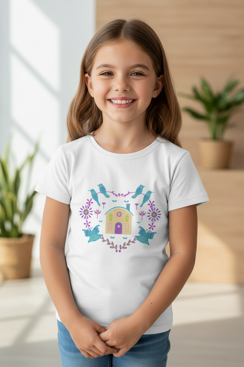 Cute Bird & Floral House Graphic Kids T-Shirt | Soft Cotton Girls Tee