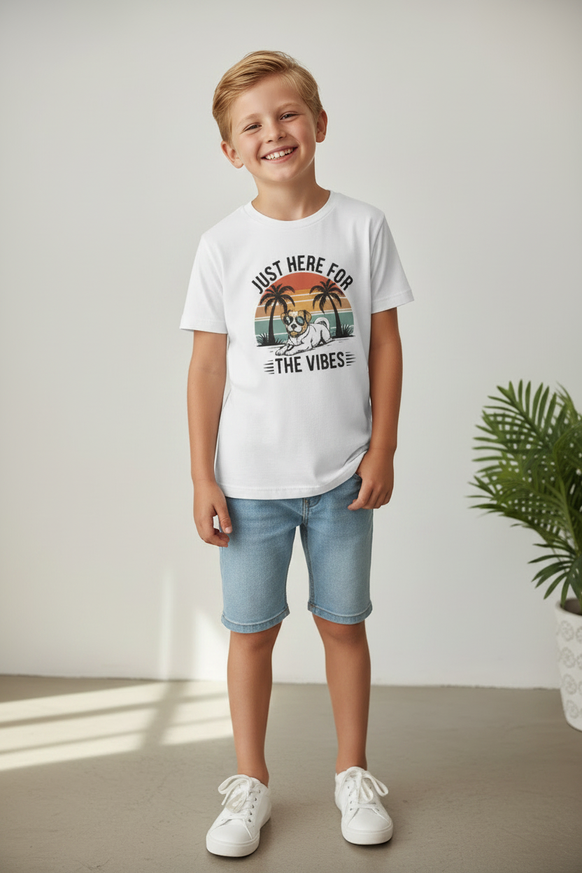Boys Just Here For The Vibes Dog Graphic Printed Cotton T-Shirt | Premium Soft Crew Neck Tee