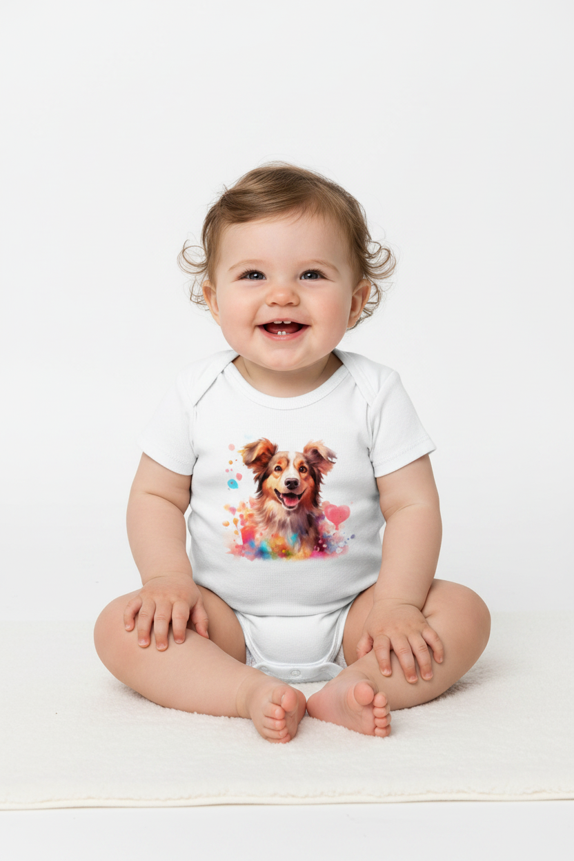 Cute Watercolor Dog Baby Onesie | Soft Cotton Baby Bodysuit | Puppy Print Romper