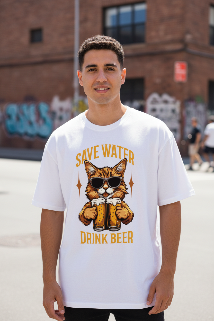 Save Water Drink Beer Cat Grafic Printed Unisex Cotton T-shirt | Funny Beer Lover Tee |