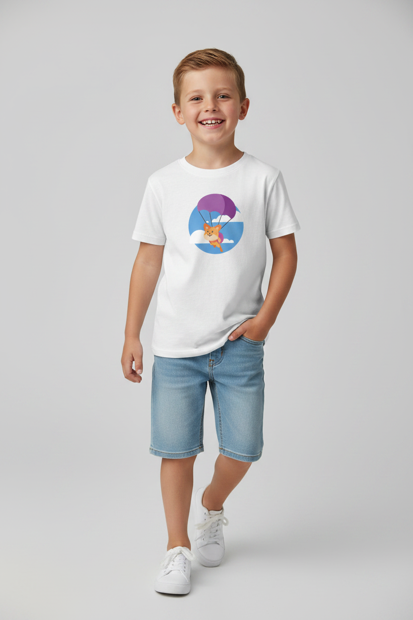 Cute Parachute Fox Kids White Cotton T-Shirt | Soft & Comfortable