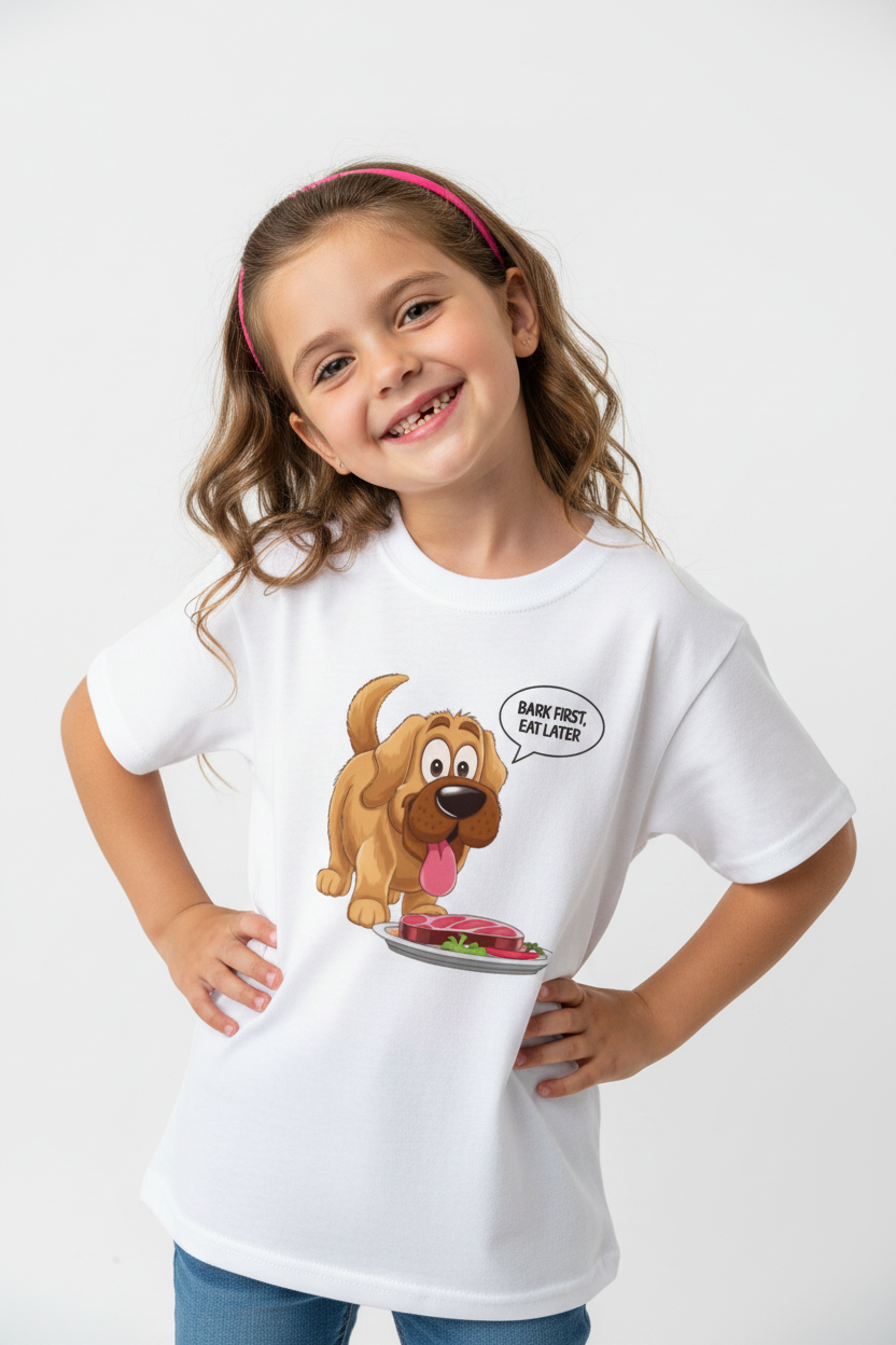 Bark First, Eat Later Kids Graphic T-Shirt | Cute Funny Dog Print | Half Sleeve Cotton Tee