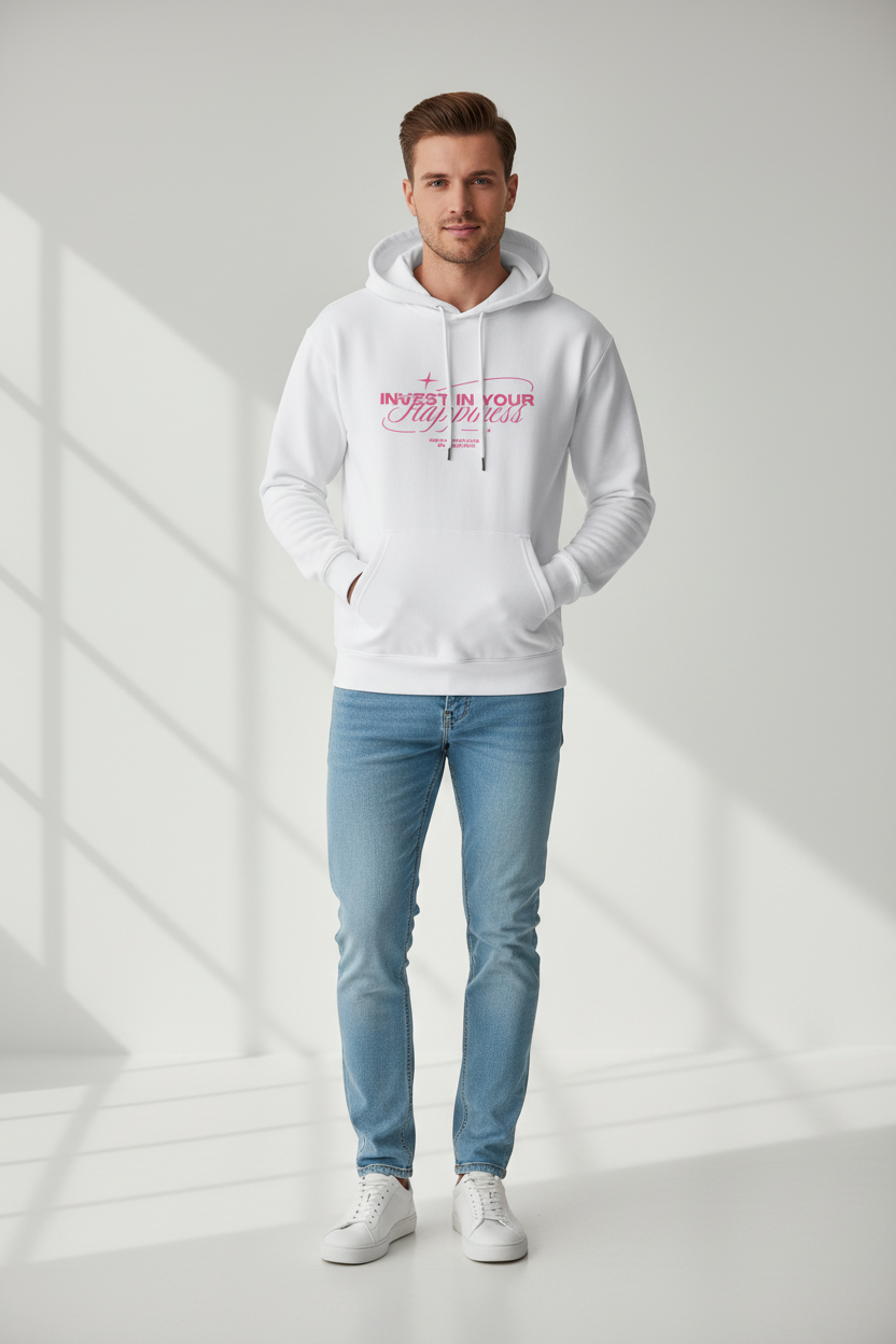 Men's 100% Cotton Motivational Graphic Hoodie – "Invest In Your Happiness" Premium White Hoodie