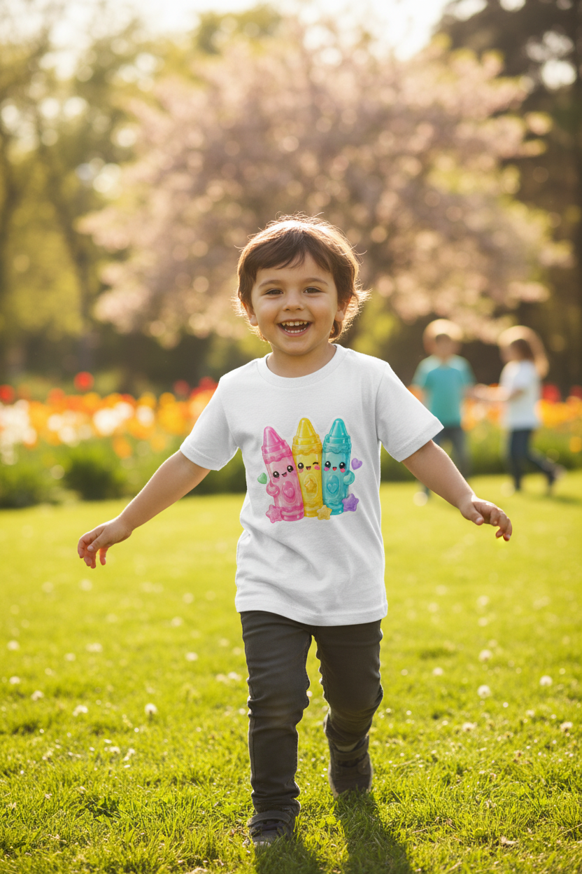 Cute Kawaii Crayons Graphic Printed Kids Cotton T-Shirt | Soft Premium Half Sleeve Tee for Boys & Girls