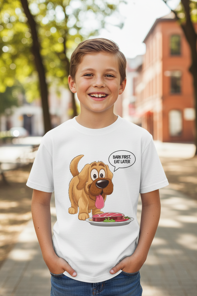 Funny Dog Grafic Printed Kids T-Shirt| Bark First Eat Later| Premium Crew Neck Tee|