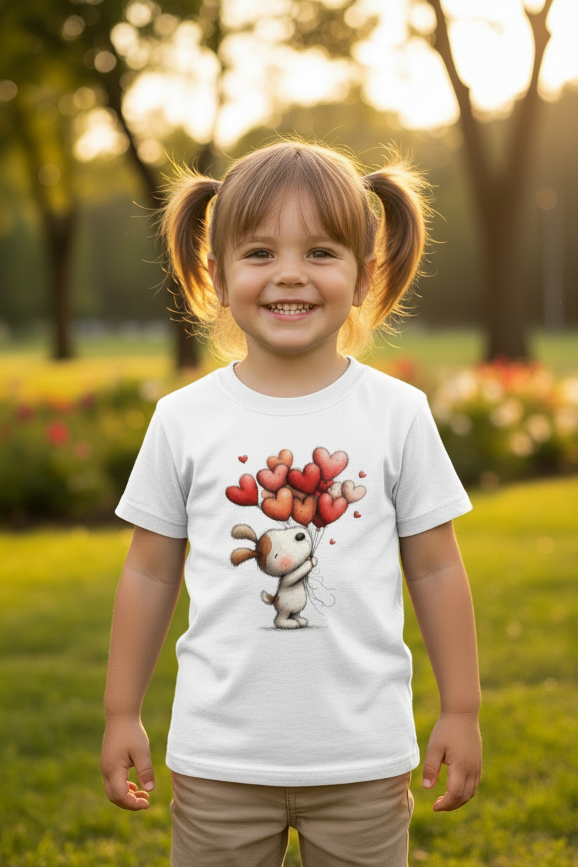 Cute Bunny with Heart Balloons Kids T-Shirt | Adorable Cartoon Graphic Tee