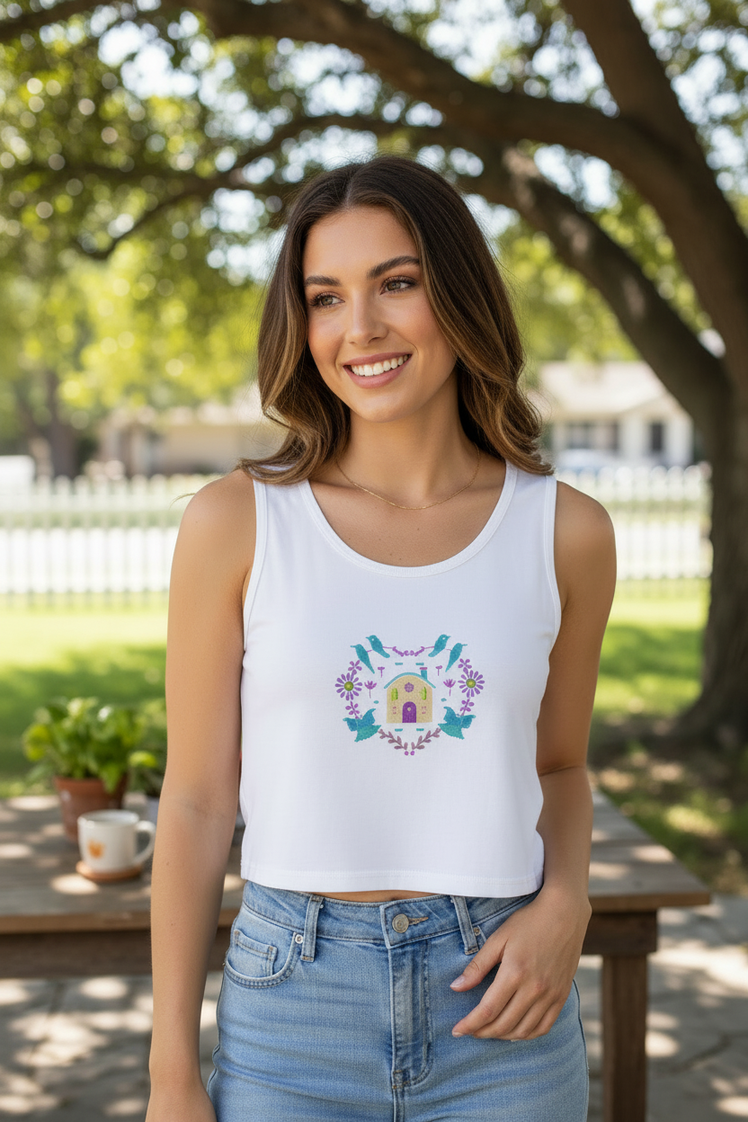 Cute Floral Cottage Graphic Printed Women's White Crop Tank Top | Soft Premium Cotton