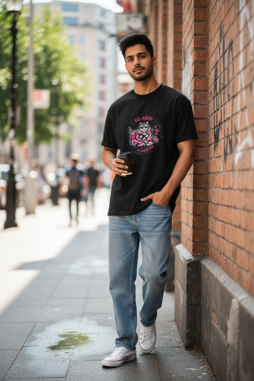 Go Away I'm Introverted Cat Graphic Oversized T-Shirt for Men | 100% Cotton