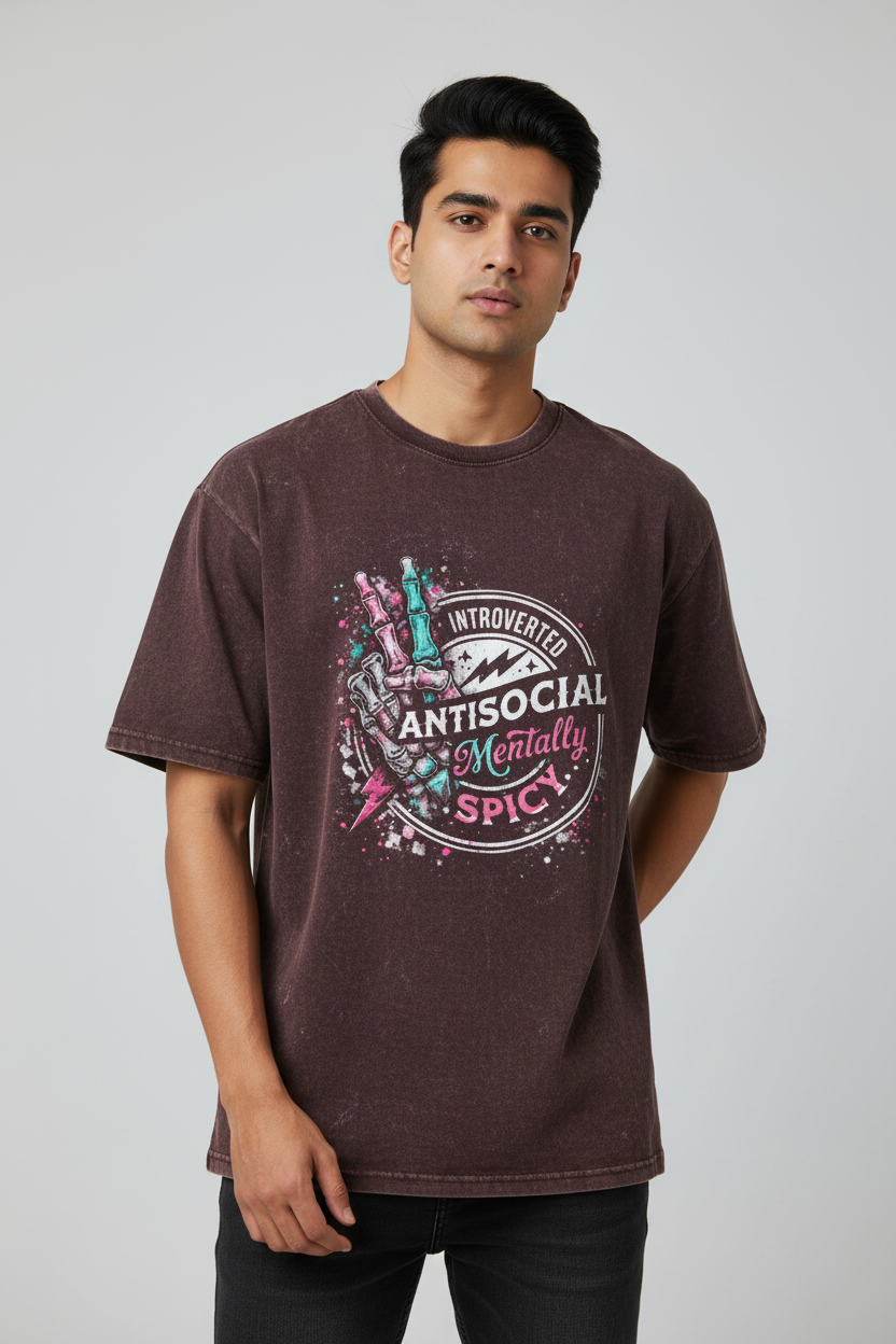Acid Wash Oversized Graphic T-Shirt for Men | Introverted Antisocial Print | Premium Acrylic | Made in India