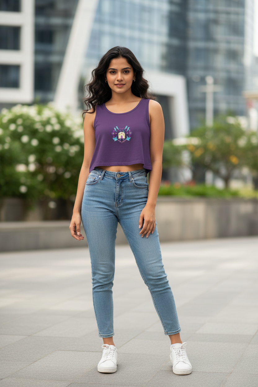 Cute Floral Cottage Graphic Printed Women's White Crop Tank Top | Soft Premium Cotton