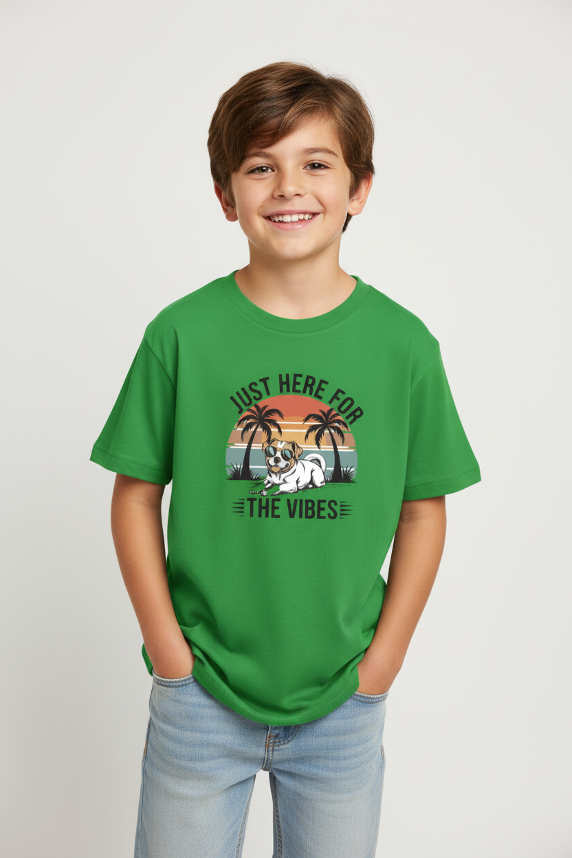 Boys Just Here For The Vibes Dog Graphic Printed Cotton T-Shirt | Premium Soft Crew Neck Tee