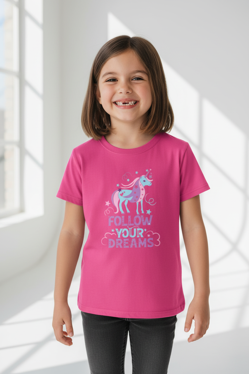 Follow Your Dreams Unicorn Kids Half Sleeve Cotton T-Shirt | Cute Girls Graphic Tee