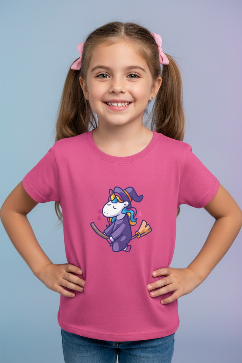 Cute Unicorn Witch Kids Girls Half Sleeve Cotton T-Shirt | Soft & Comfortable | Made in India