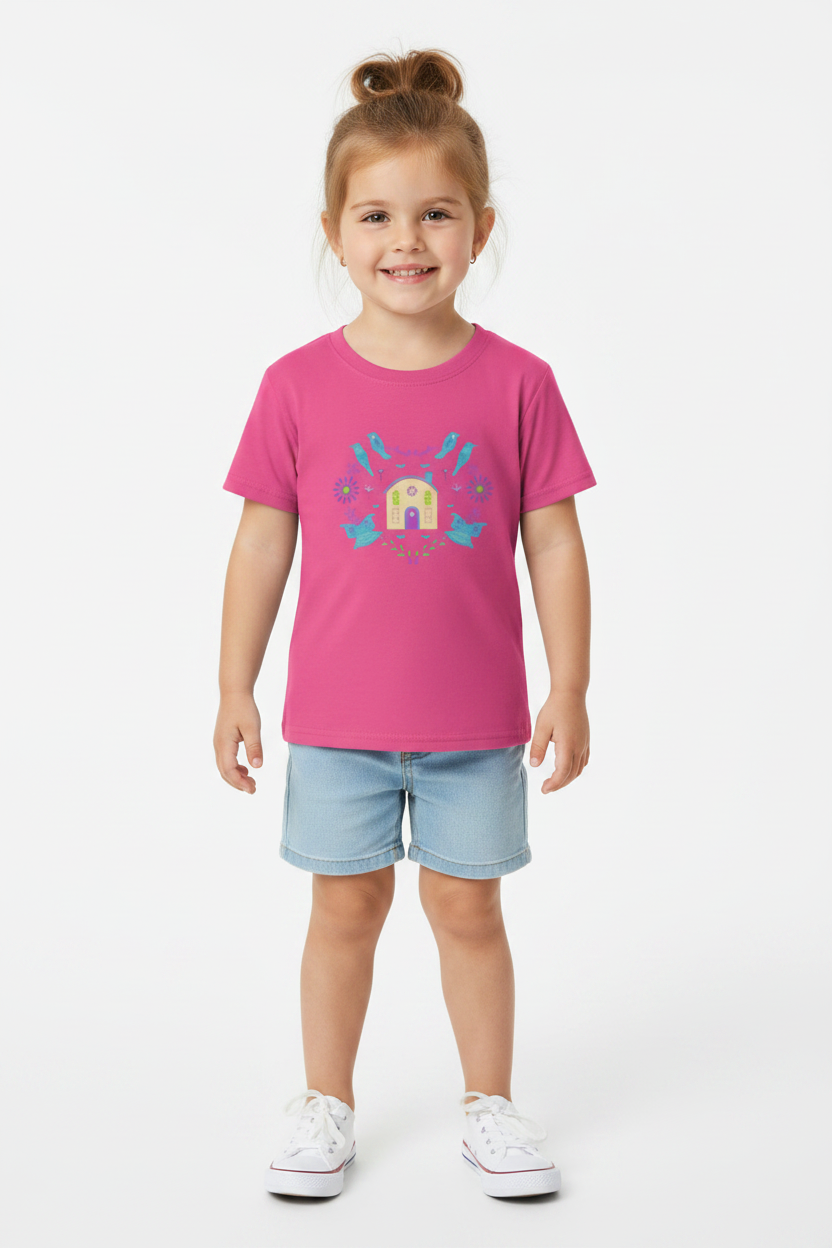 Cute Bird & Floral House Graphic Kids T-Shirt | Soft Cotton Girls Tee