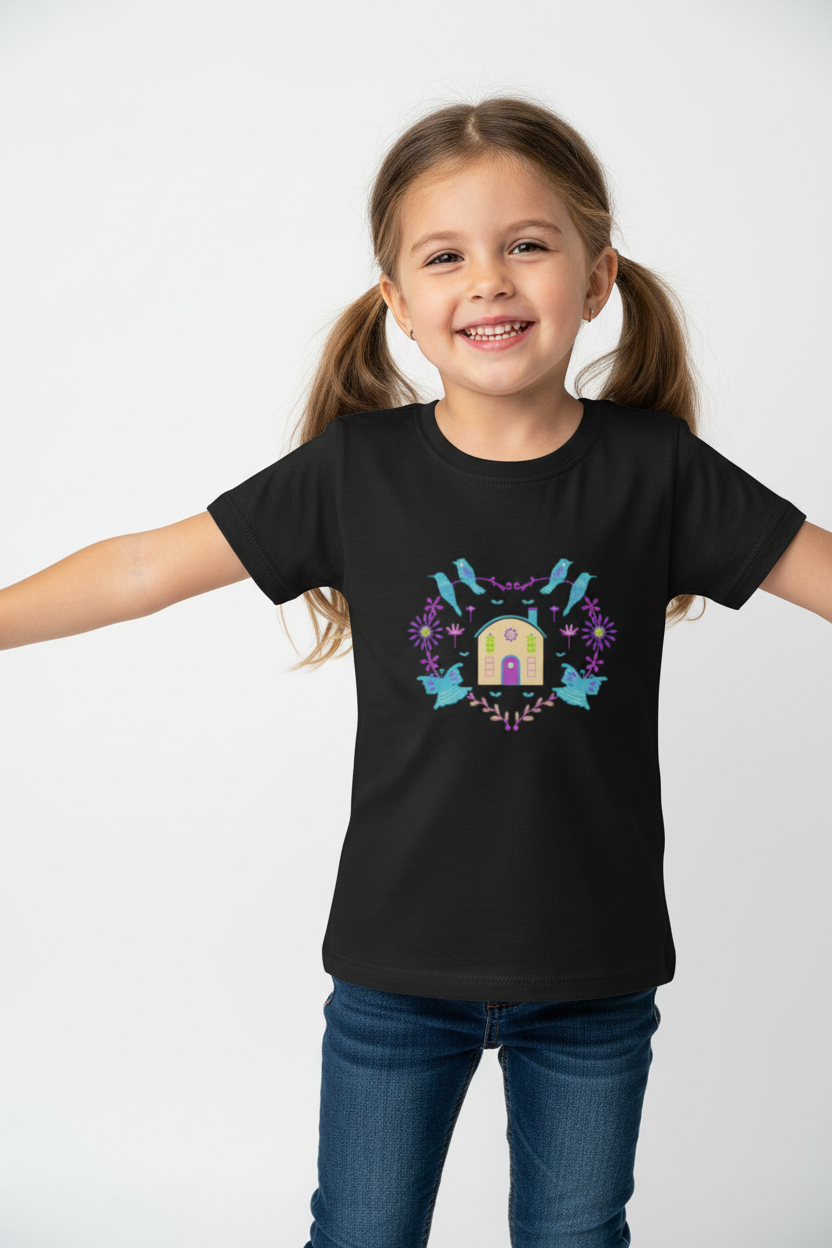 Cute Bird & Floral House Graphic Kids T-Shirt | Soft Cotton Girls Tee