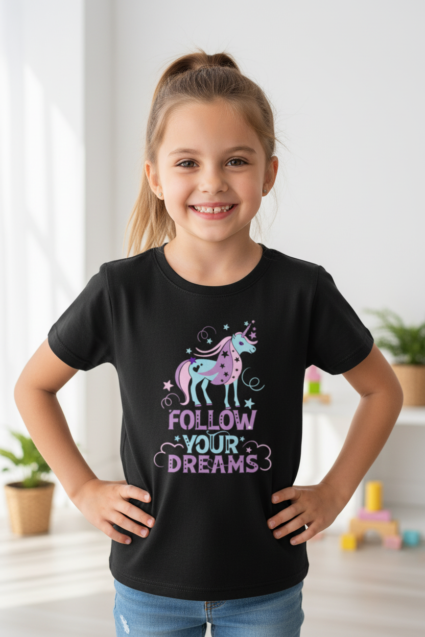 Follow Your Dreams Unicorn Kids Half Sleeve Cotton T-Shirt | Cute Girls Graphic Tee