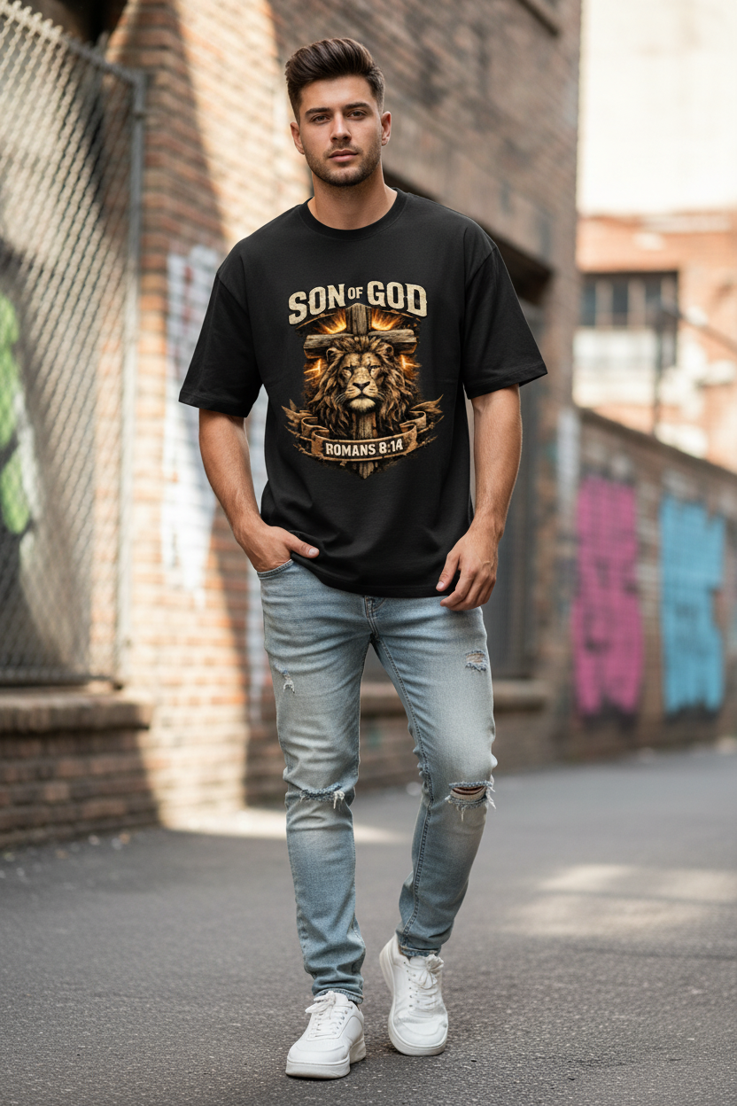 Show your faith with confidence. This premium cotton T-shirt features a bold lion artwork with the inspiring Bible verse Romans 8:14, making it perfect for everyday wear, church events, and gifting