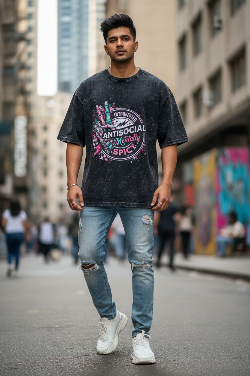 Acid Wash Oversized Graphic T-Shirt for Men | Introverted Antisocial Print | Premium Acrylic | Made in India