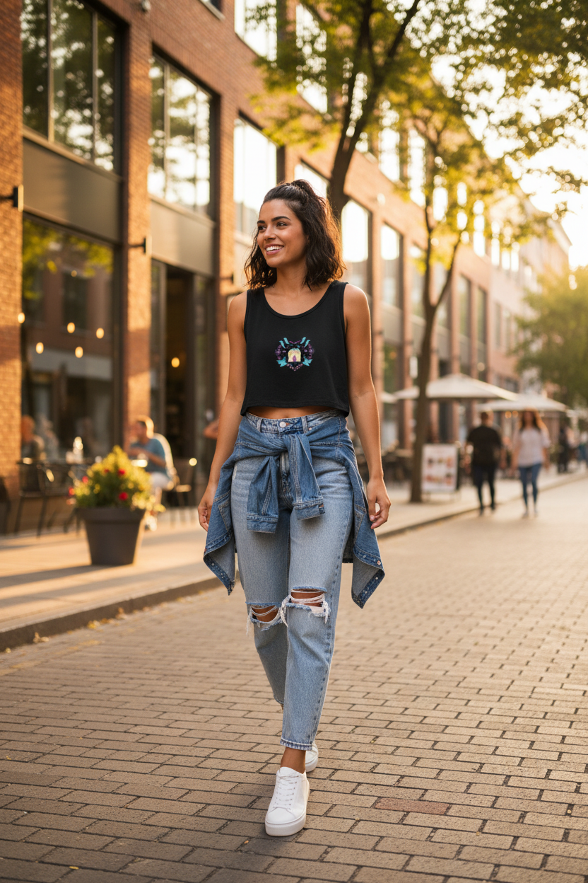 Cute Floral Cottage Graphic Printed Women's White Crop Tank Top | Soft Premium Cotton