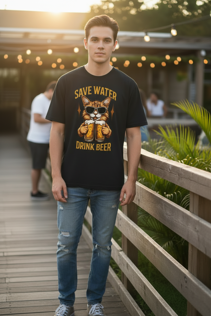 Save Water Drink Beer Cat Grafic Printed Unisex Cotton T-shirt | Funny Beer Lover Tee |