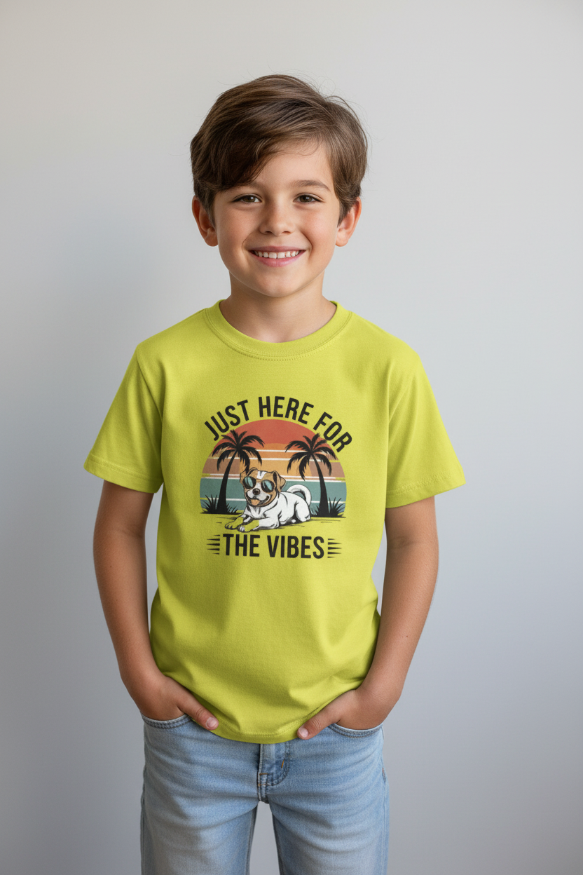 Boys Just Here For The Vibes Dog Graphic Printed Cotton T-Shirt | Premium Soft Crew Neck Tee