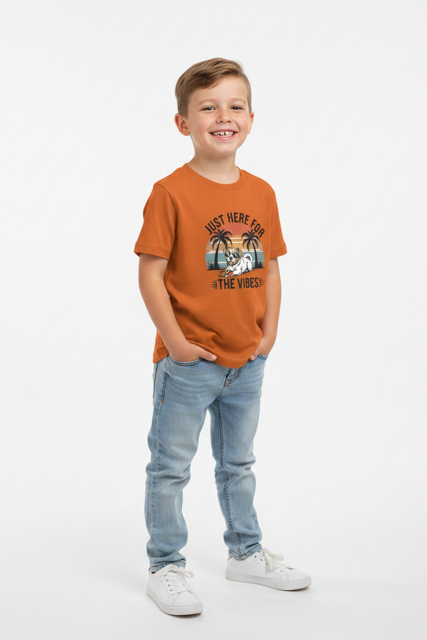 Boys Just Here For The Vibes Dog Graphic Printed Cotton T-Shirt | Premium Soft Crew Neck Tee
