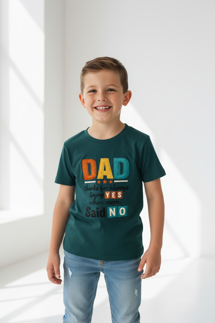 Kids "Dad Thanks for Always Saying Yes" Printed Half Sleeve Cotton T-Shirt | White | Made in India