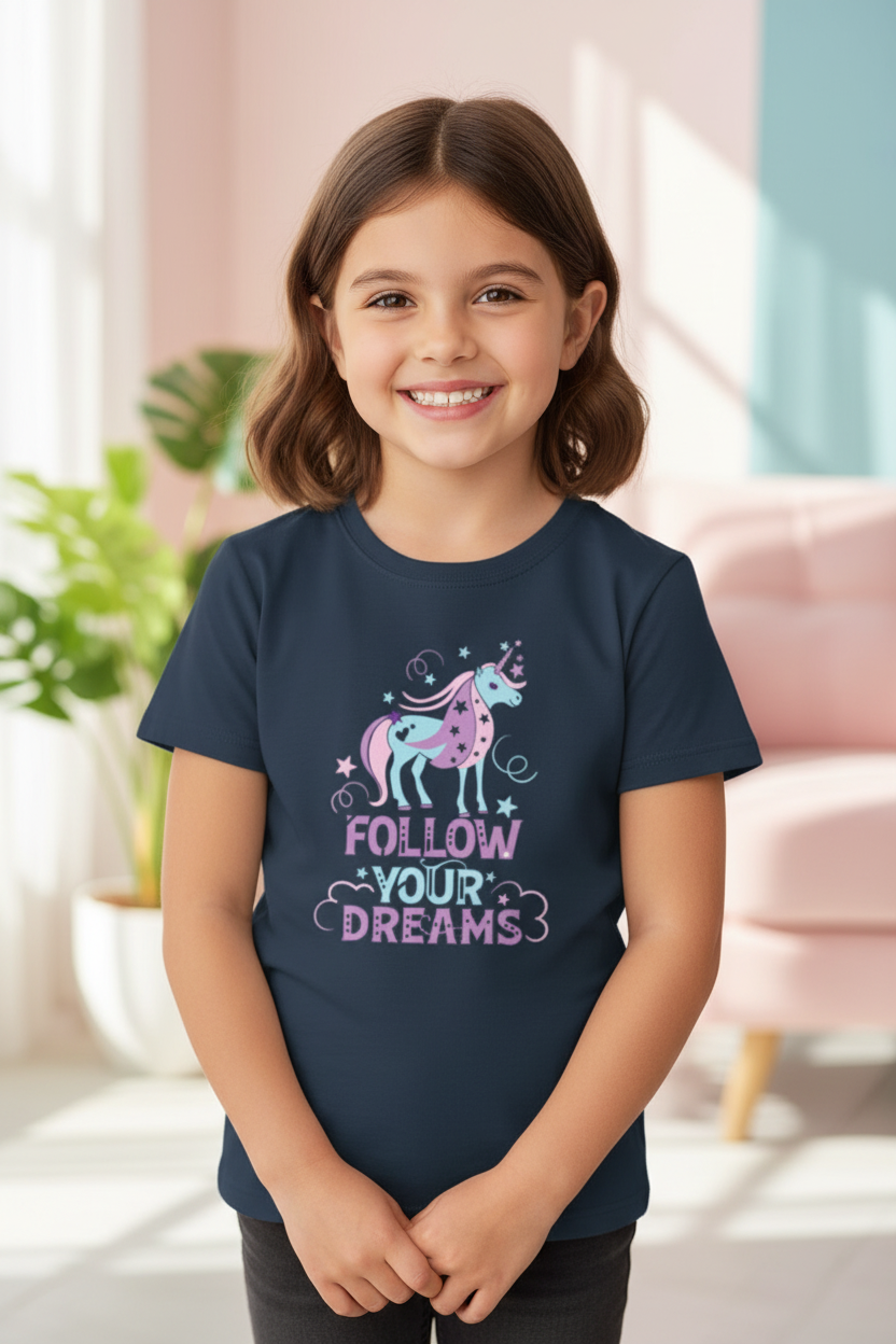 Follow Your Dreams Unicorn Kids Half Sleeve Cotton T-Shirt | Cute Girls Graphic Tee