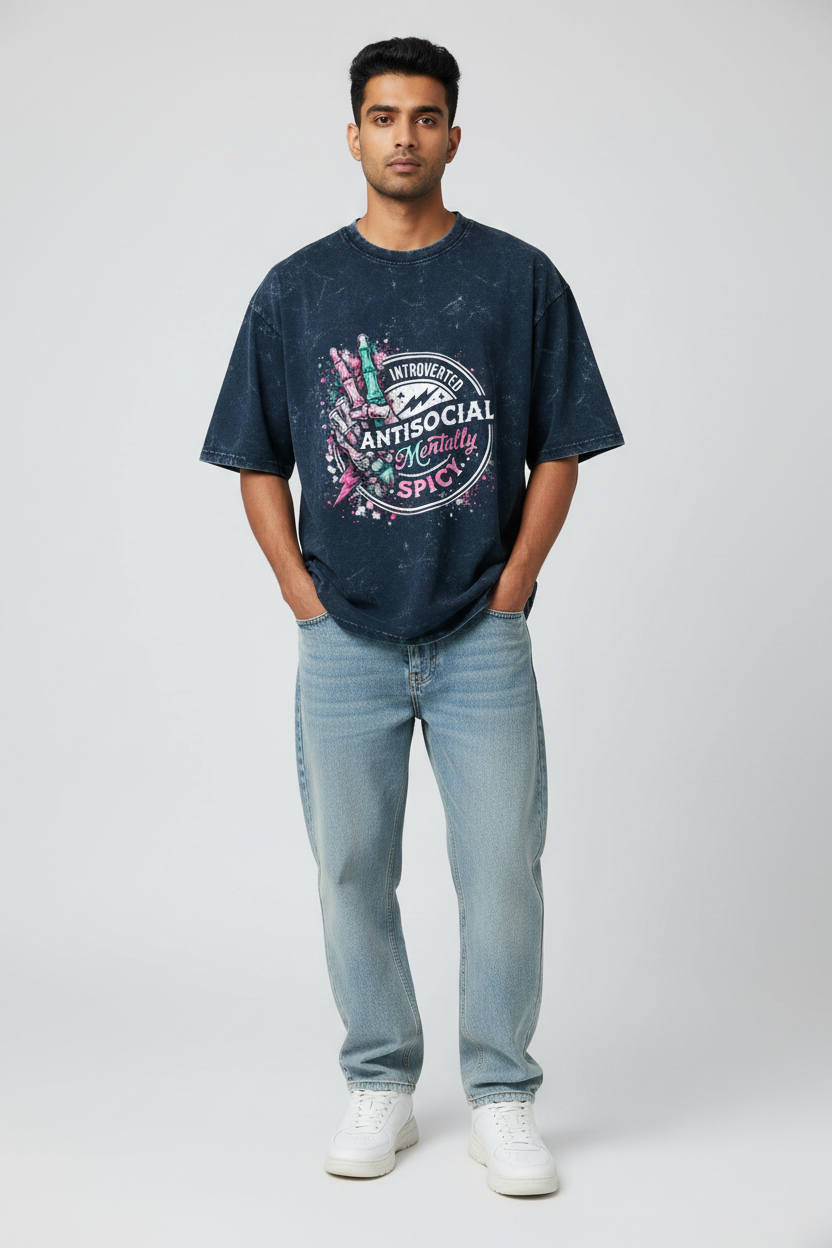 Acid Wash Oversized Graphic T-Shirt for Men | Introverted Antisocial Print | Premium Acrylic | Made in India