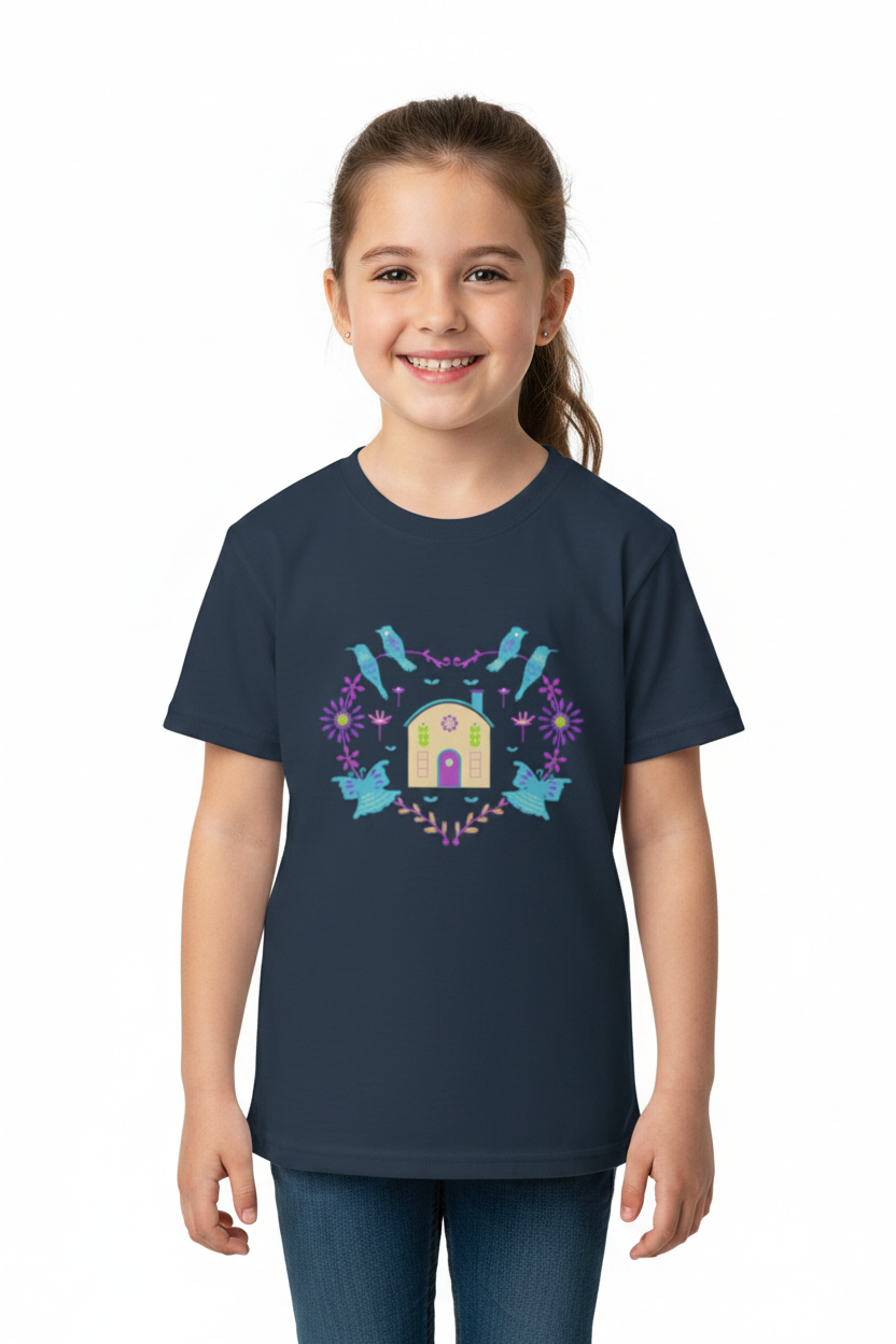 Cute Bird & Floral House Graphic Kids T-Shirt | Soft Cotton Girls Tee