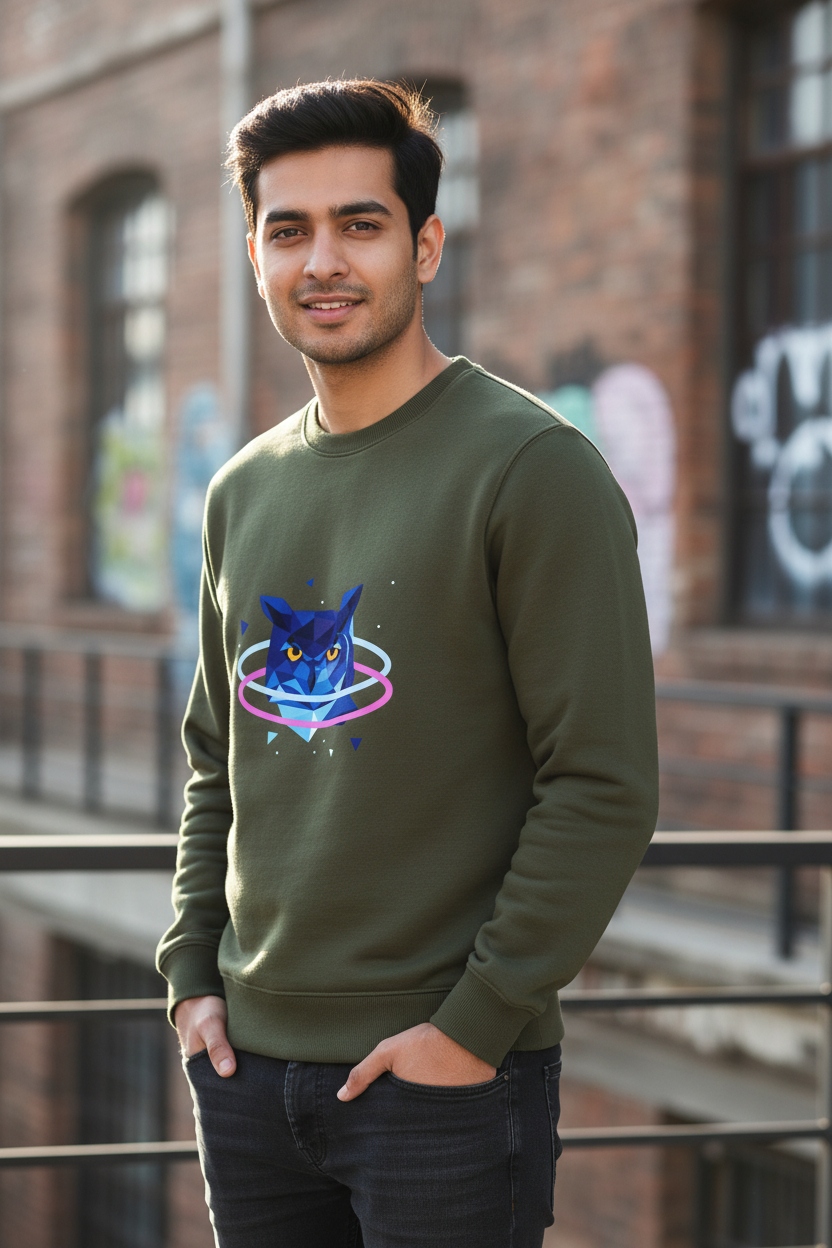 Men's Geometric Galaxy Wolf Graphic Cotton Sweatshirt | Premium Full Sleeve Round Neck |