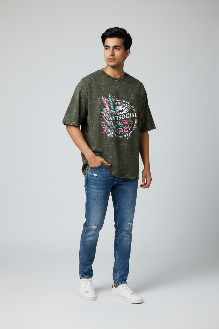 Acid Wash Oversized Graphic T-Shirt for Men | Introverted Antisocial Print | Premium Acrylic | Made in India
