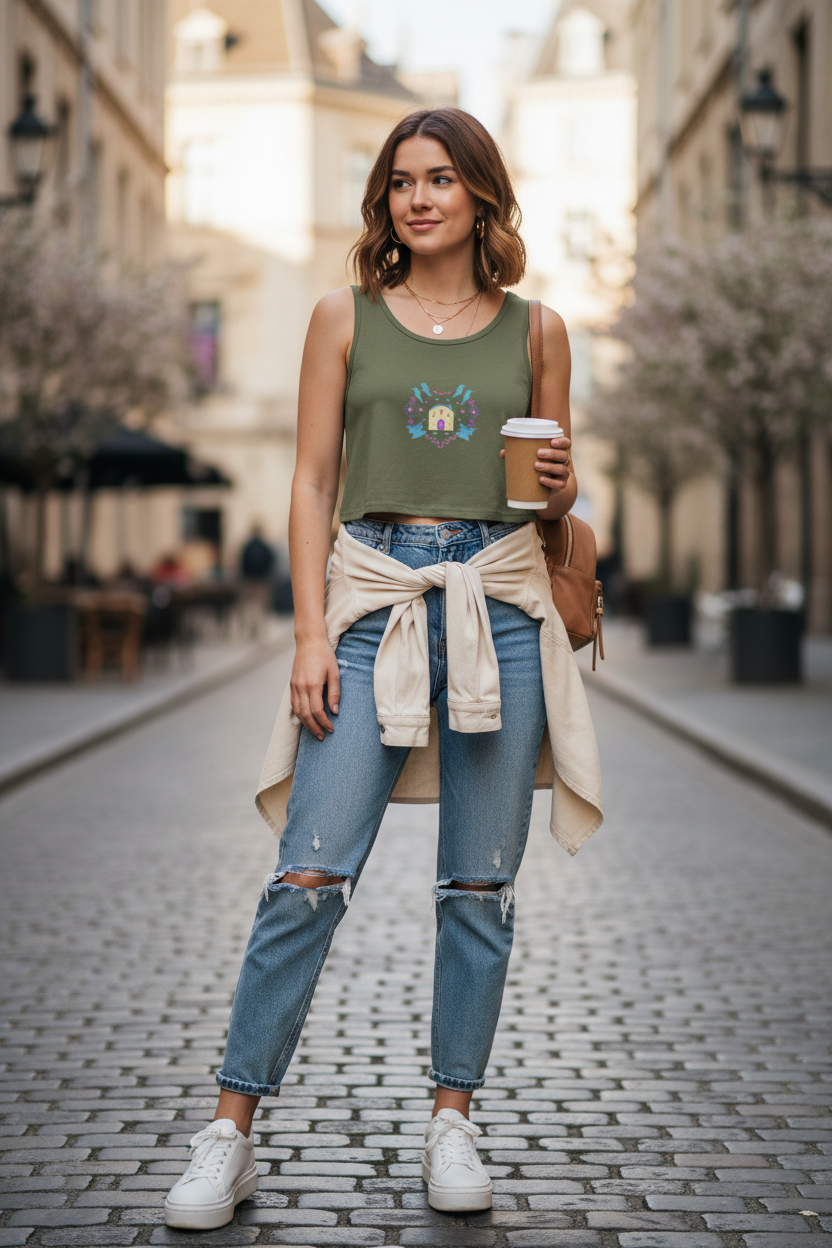 Cute Floral Cottage Graphic Printed Women's White Crop Tank Top | Soft Premium Cotton