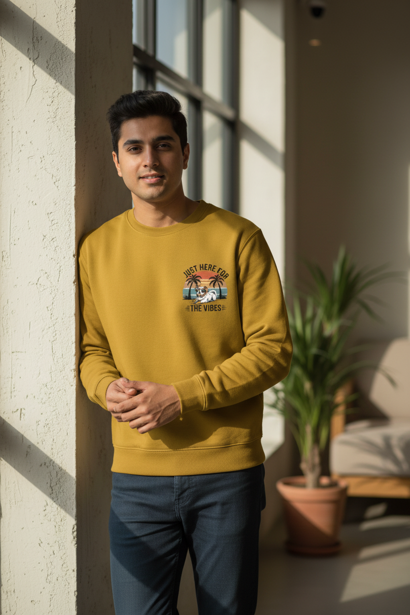 Just Here for the Vibes Men's Premium Mustard Cotton Sweatshirt